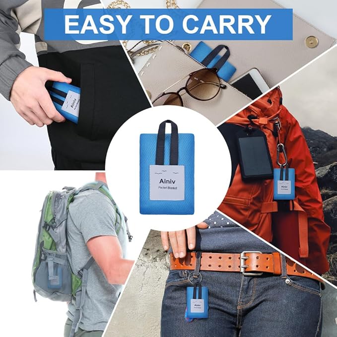 Ainiv Picnic Blanket, Mini Pocket Beach Mat 27.5 x 43.3IN (1-2 People) Foldable, Lightweight Waterproof Sand Free, Foldable Thin Ground Sheet for Outdoor Camping Hiking Travel - with Hand Strap