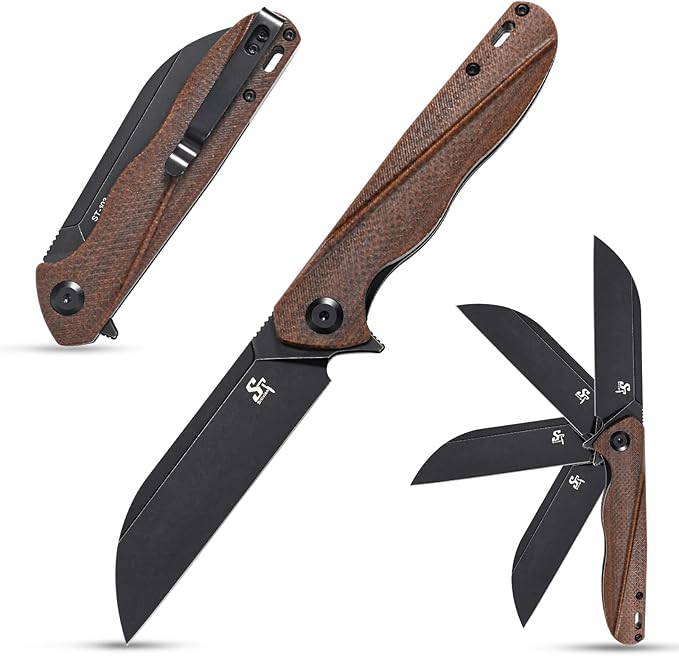 Sitivien ST103 Folding Knife, D2 Steel Blade,Micarta Handle EDC Tool Knife for Outdoor, Camping, Hunting, Survival(Brown)
