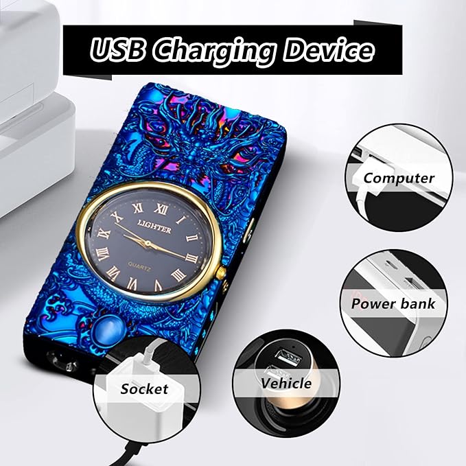 Plasma Lighters Electric Lighters Rechargeable USB Flameless Windproof Arc Lighter Vintage Fancy Cute Lighter for Candles, Fireworks, Camping, Hiking, Adventure (Blue)