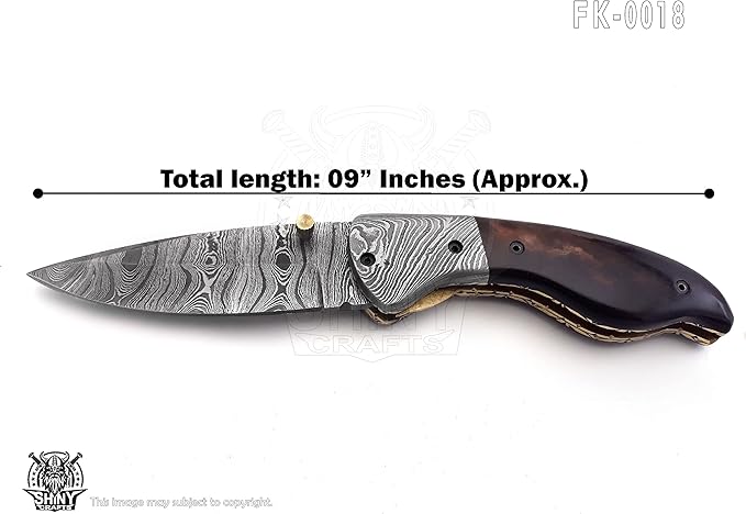 SHINY CRAFTS -Pocket Knife Damascus Hunting Knife OTF Knife Tactical Knife For Men- Pocket Knives - Everyday Carry - PlainEdge - Leather Sheath (FK 18)