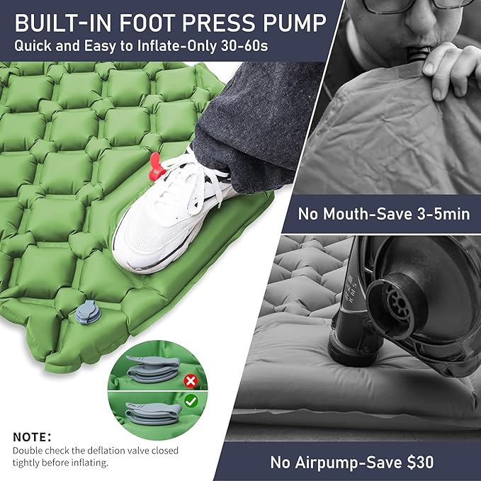 Camping Sleeping Pad with Compass, Ultralight Inflatable Sleeping Mat with Pillow, Built-in Foot Pump, Portable Camping Air Mattress for Backpacking Hiking Traveling Tent(Green)