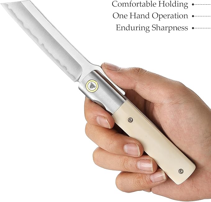 Higonokami Knives Folding Pocket EDC Knife for Men, 3.66" SKD11 Steel Blade, Ti Ring & Handmade OX Bone & Ti Bolster Handle,Leather Sheath for Camping Hiking knife, Kira-02W
