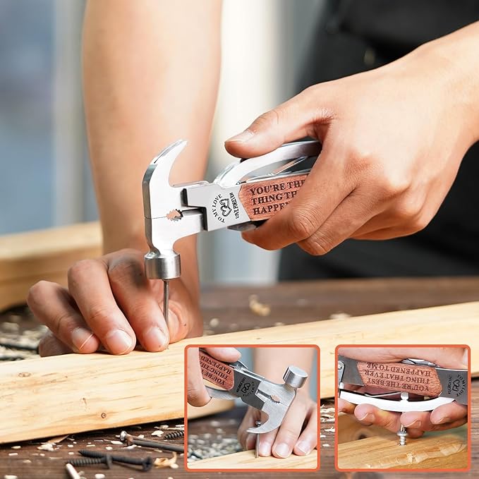 Gifts for Men Him, Anniversary Birthday Gifts for Him Boyfriend Husband, All in One Survival Tools Small Hammer Multitool with Engraved Wooden Box, Cool Gadgets Camping Hunting Present