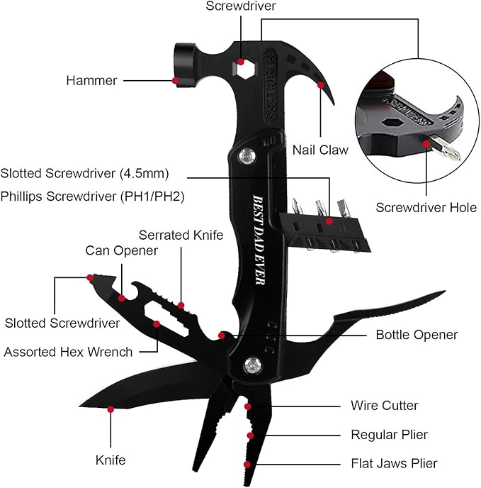Gifts for Dad from Daughter Son,All in One Survival Tools Hammer Multitool Camping Accessories,Birthday Father's day Christmas Thanksgiving day Valentine's day Gift Ideas for Men Father Him,ATH-206