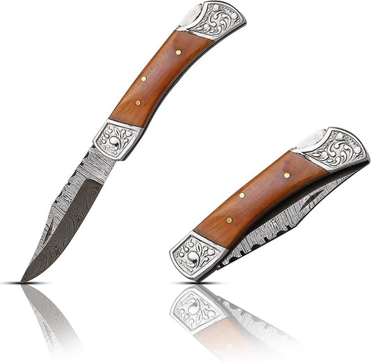 Capra Knives CK-52 Handcrafted Folding Engraved Brass Pocket Knife 4” Folded, 7.25” Long Overall, 4.5oz Olive Wood Handle, Damascus Blade with Leather Sheath