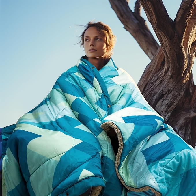 Outdoor Camping Blanket with Sherpa Lining, Extra Warm Thick Camp Blankets & Puffy Ultralight Soft Poncho DWR Camping Quilt for Cold Weather, Adventure,Sleeping,Backpacking 78"x 56"