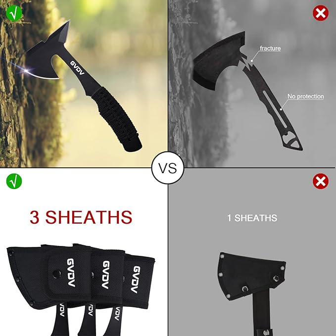 GVDV Throwing Axes Set - 3 Pack Hatchet with Full Tang Stainless Steel and Protective Nylon Sheaths for Camping Recreation and Competition
