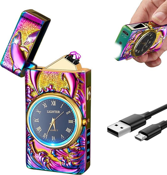 Rechargeable Lighter USB Electric Lighter Plasma Arc Candle Lighter with Clock Dial Windproof Electronic Lighter with LED Power Display for Camping, Hiking, Traveling (Colors Dolphin)