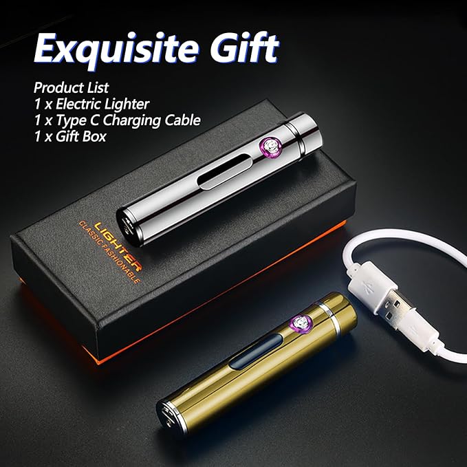 BABOBIU Candle Lighter Rechargeable Lighter Windproof Camping Lighter Mini Flameless Lighter with Type C Fast Charging Plasma Lighter for Camping, Hiking, Adventure (Gold)