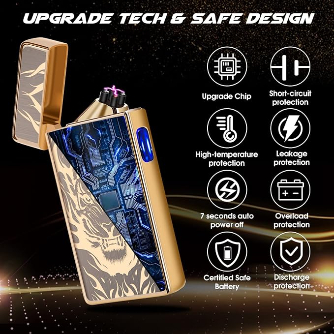 LcFun Plasma Lighter Type C Rechargeable Windproof Lighter USB Electric Lighter Flameless Dual Arc Lighter Electronic Cool Lighters for Candle, Incense Stick, Outdoor Camping (Gold Tiger)