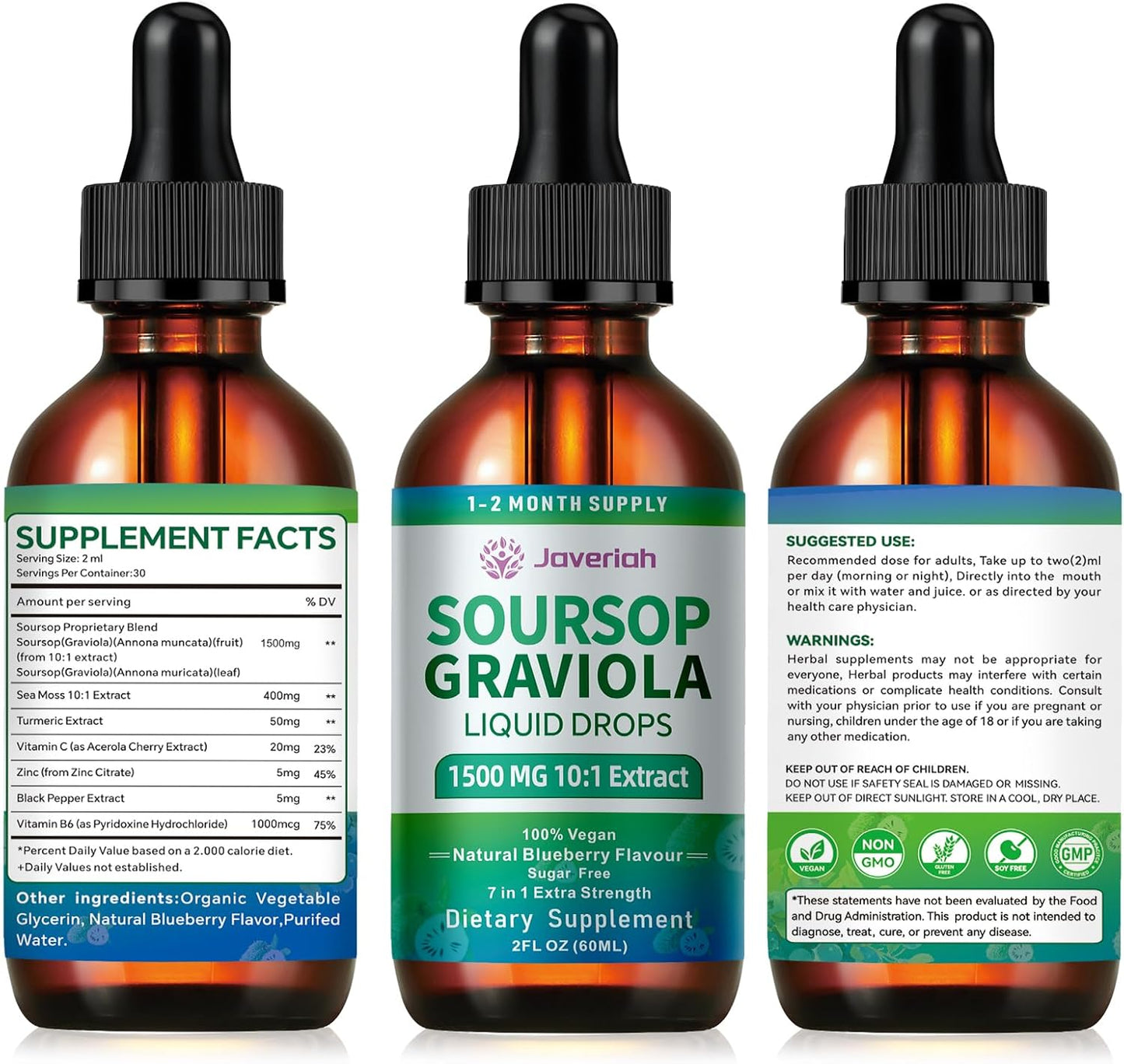 2 Pack Soursop Graviola Leaf Extract Liquid Drops Supplement with Irish Sea Moss & Turmeric for Cellular Support, Immune System Boost, Liver Health, Soursop Bitters Liquid 60-Day Supply 4 FL OZ