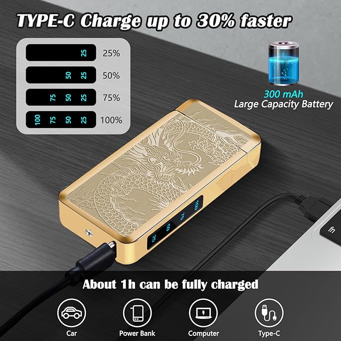 SKRFIRE Electric Lighter USB Type-C Rechargeable Plasma Arc Lighter, Windproof Torch Lighter High Power Flame Candle Lighter with LED Battery Indication for Camping, Hiking, Traveling(Gold Dragon)