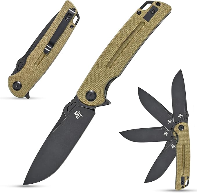 Sitivien ST137 Folding Knife,D2 Satin Blade,Micarta Handle EDC Tool Knife for Outdoor Hiking Camping Fishing(Green)