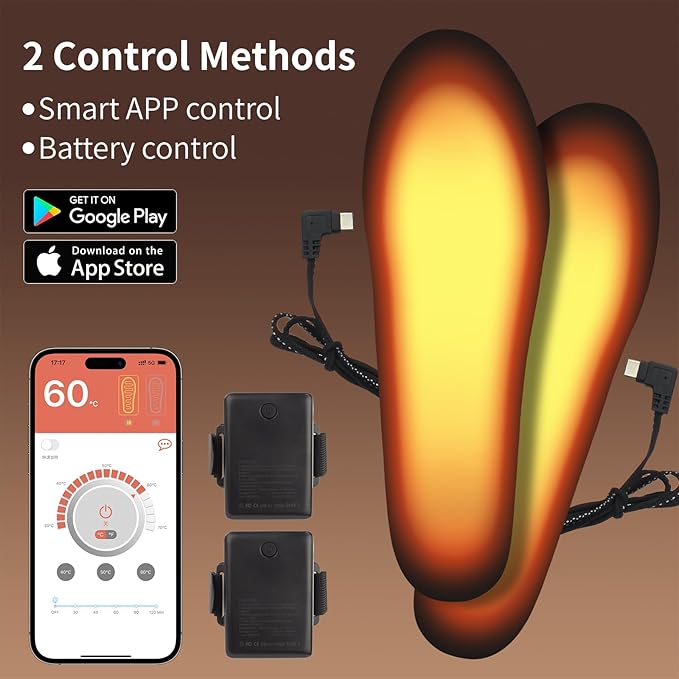 Heated Insoles, APP Control Heated Insoles for Women Men, 5000mAh Rechargeable Foot Toe Warmer Insoles, Electric Heated Shoes Insoles for Hiking Camping Skiing Hunting Outdoor Work, Thermal Insoles