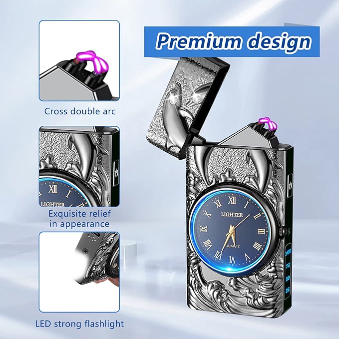 Electric Lighters Rechargeable USB Lighter Flameless Windproof Plasma Arc Lighters with Watch dial Electronic Lighter Candle Unique Fancy Cool Lighters for Candle (Black)