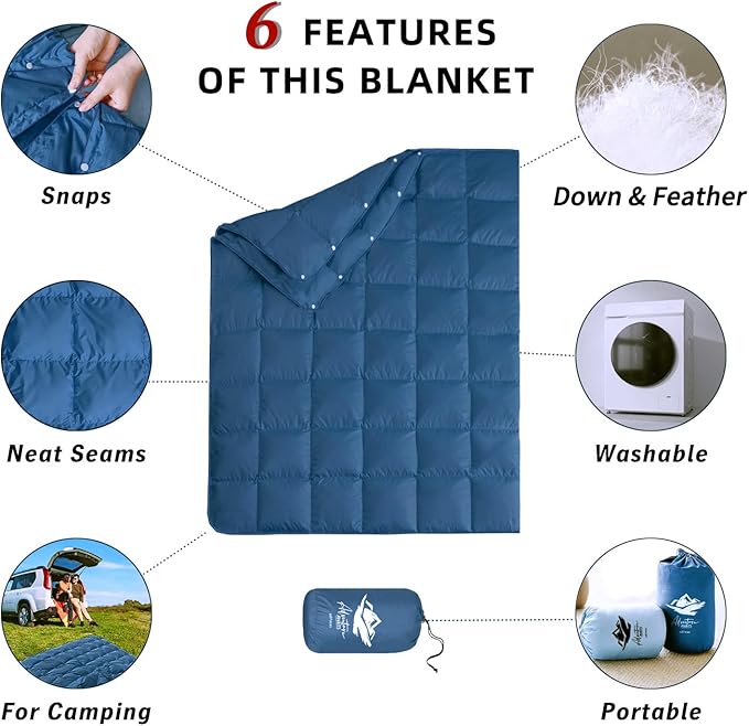 Down Camping Blanket,Puffy Down Blanket Packable Lightweight Down Throw Quilt Water-Resistant Outdoor Travel Blanket for Camping,Hiking,Stadium,Picnic,Car 50x77''Navy Blue