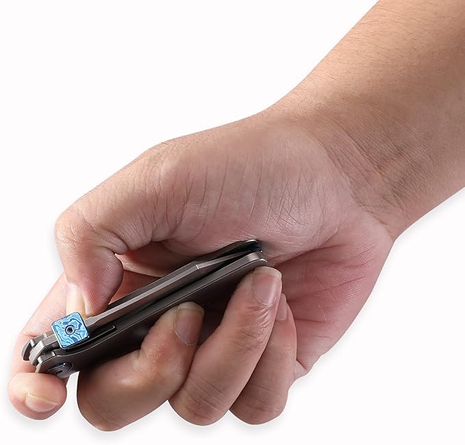 Knife Denka C02 Thumb Stud Knife,2.6" M390 Steel Satin Pocket Knife,3.35" Titanium Handle Folding Knife with Leather Sheath(grey & Leather Sheath)