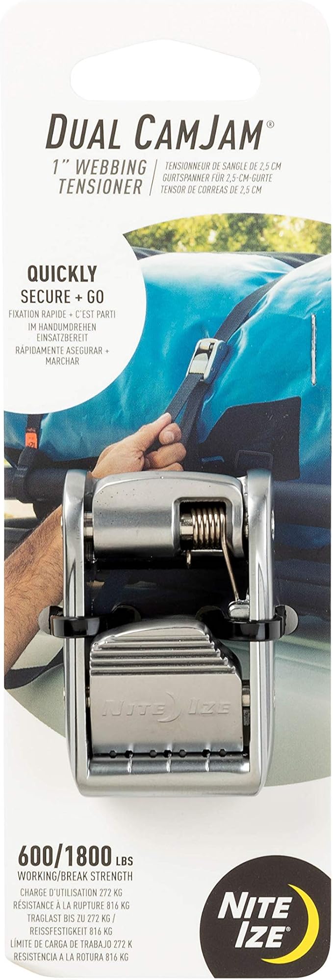 Nite Ize Dual CamJam Tie Down System - Durable Tie Down Strap for Camping Accessories & Moving Supplies - Strap with Zinc Alloy Buckle - Fits Standard 1" Webbing