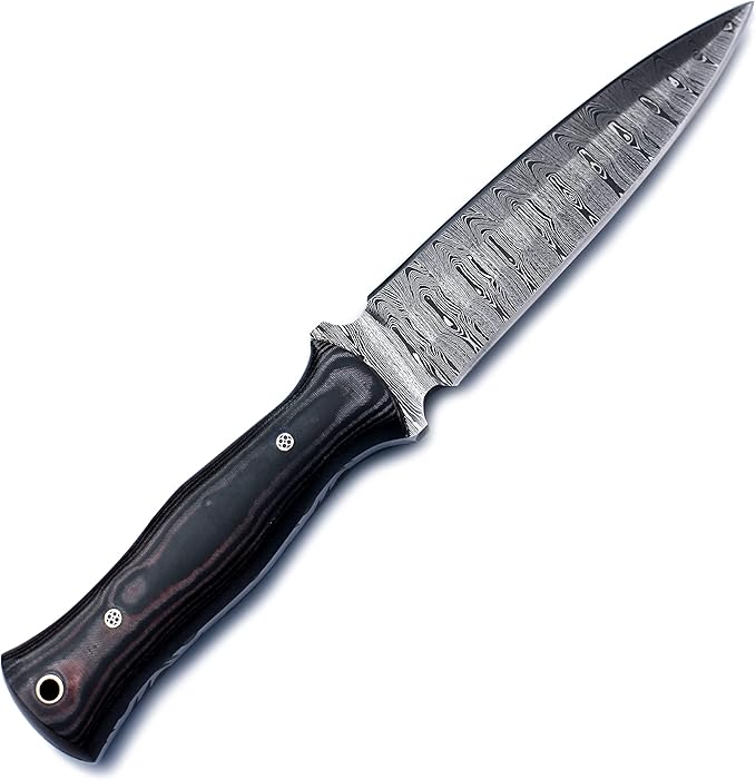 Handmade Damascus Steel Fixed Blade Bowie Knife For Edc,Hunting,Survival,Camping,Bushcraft and Fishung with Fixed Blade Spear Point Blade and Full Tang Micarta Handle with Cowhide-Leather Sheath-WKD-779