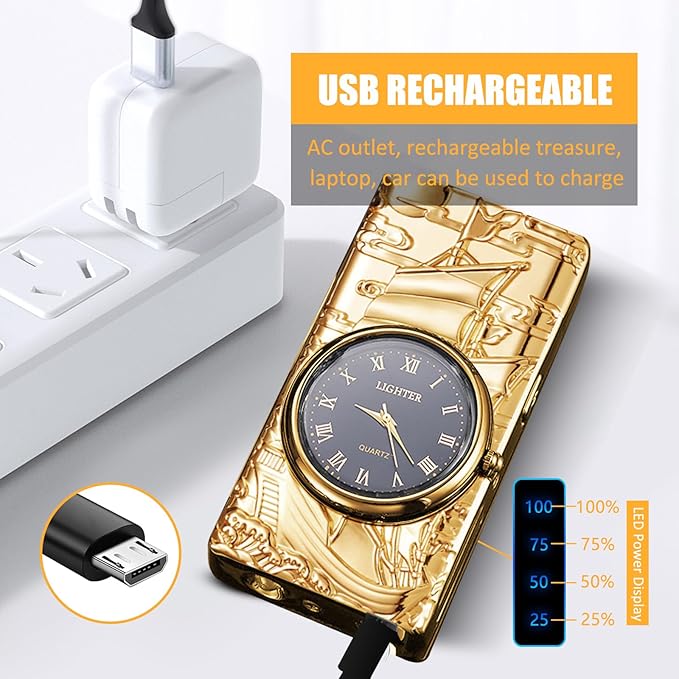 Cool Lighter with Clock Dial Electric Lighter with LED Power Display Plasma Lighter Windproof USB Rechargeable Lighter Gifts for Men Women (Sailboat-Gold)