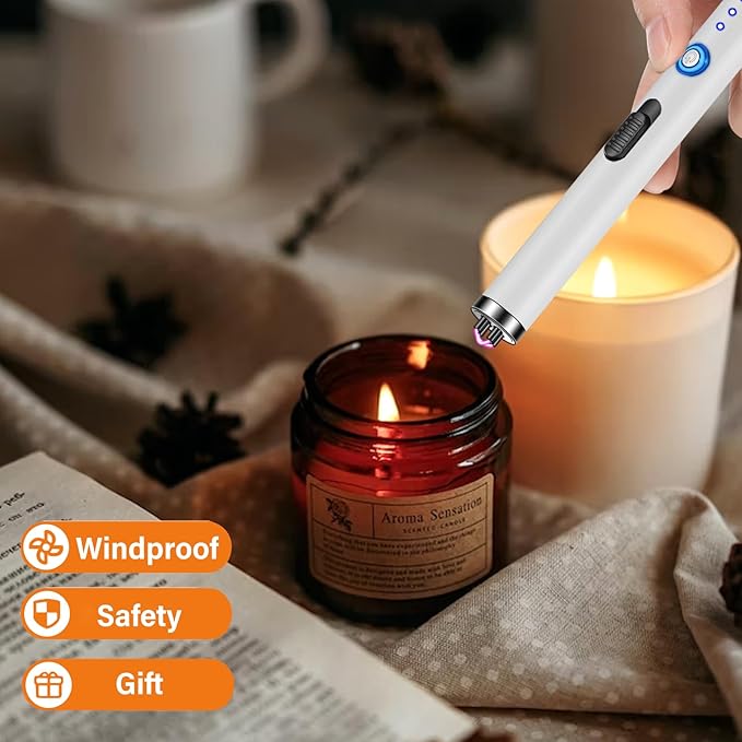 Lighter, Electric Candle Lighter Rechargeable USB Arc Lighters for Camping BBQ Sports - White