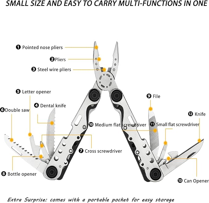 Multitool,13-in-1 Multitools Pliers with Nylon Sheath,Professional Stainless Steel Multi-Tool for Outdoor,Survival,Camping,Hiking,Simple Repair(13 in 1-Natural)