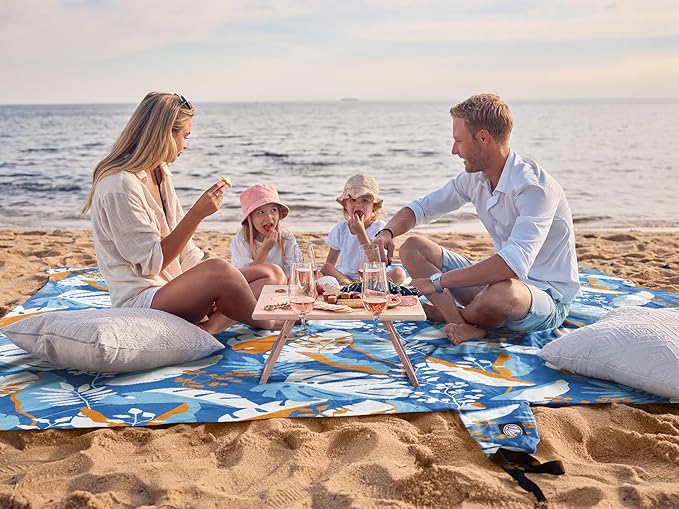 WEKAPO Beach Blanket Waterproof Sandproof Oversized, Extra Large Beach Mat Sand Free, Lightweight & Compact Sand Free Mat with 6 Stakes & 4 Corner Pockets