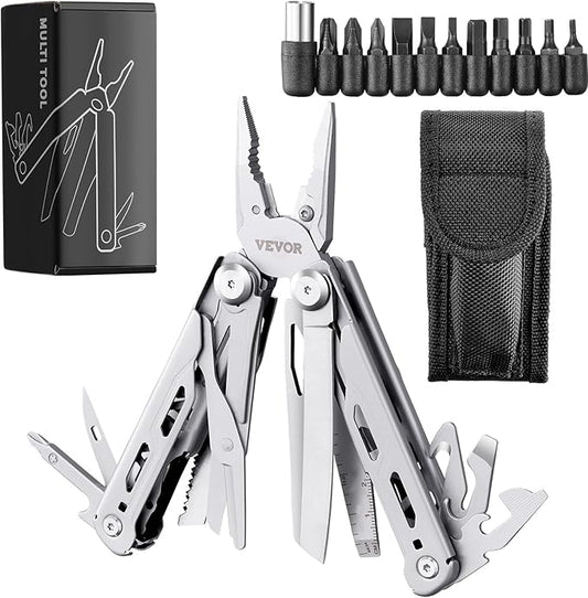 VEVOR 28-in-1 Multitool Pliers,Stainless Steel Multi Tool Pocket K-nife,Self-locking Multitool Pliers with Sheath & Replaceable Screwdrivers Bits -Perfect for Outdoor Survival, Camping, Hiking