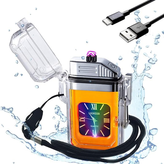 SKRFIRE Clear Waterproof Electric Lighter Rechargeable Plasma Double Arc Lighter Outdoor Windproof Flameless Lighter for Camping, Adventure, Survival (Orange)