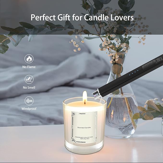 Electric Candle Lighter Plasma Arc Lighters USB Long Stick Lighters Windproof Flameless with Rechargeable Battery Safety Lock for Candle Camping BBQs Fireworks (Black)