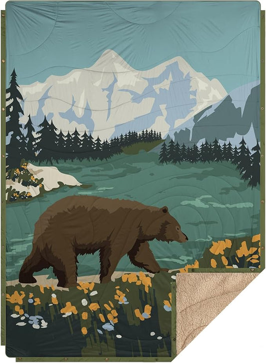 Outdoor Camping Blanket with Sherpa Lining, Extra Warm Thick Camp Blankets & Puffy Ultralight Soft Poncho DWR Camping Quilt for Cold Weather, Adventure,Sleeping,Backpacking 78"x 56"