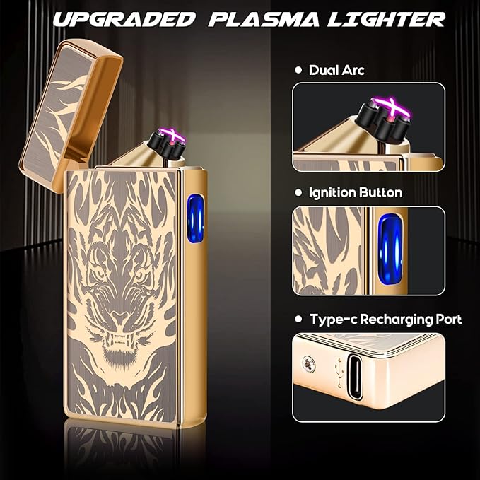 LcFun Plasma Lighter Type C Rechargeable Windproof Lighter USB Electric Lighter Flameless Dual Arc Lighter Electronic Cool Lighters for Candle, Incense Stick, Outdoor Camping (Gold Tiger)