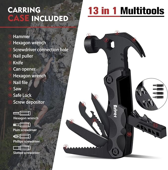 Multitool Camping Accessories, 13 in 1 Hammer Multitool and Key Shaped Pocket Tool, Survival Tool with screwdrivers, Safety Lock, Gifts for Him Men Husband Dad Boyfriend