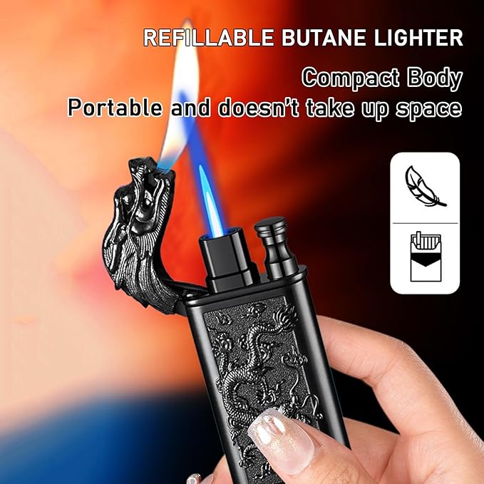 Torch Lighter, Relief Tiger Design Magic Dual Flame Lighter with Adjusting Flame Tool, Creative Windproof Lighter, Cool Jet Flame Butane Lighter, Refillable Butane Lighter for Outdoor Indoor