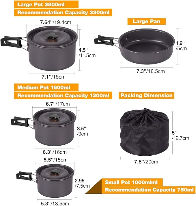 REDCAMP 11/12/17/22 PCS Camping Cookware Mess Kit, 800ml (28oz) Backpacking Camping Pot+Pan Set, Lightweight and Compact Cookware for Hiking, Picnic and Camping