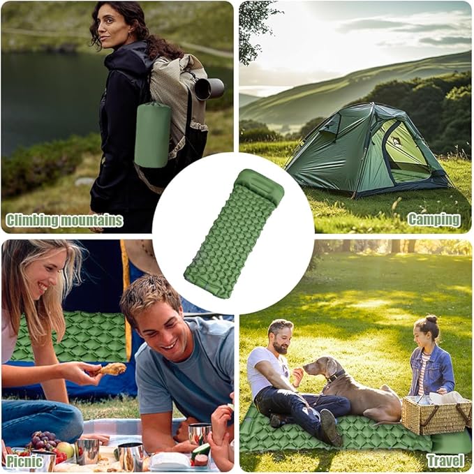 Sleeping Pads for Camping,Ultralight Inflatable Sleeping Pad for Camping with Pillow,Built-in Pump,Waterproof Nylon foror Camping, Backpacking, Hiking, Tent Mattress (Army Green)