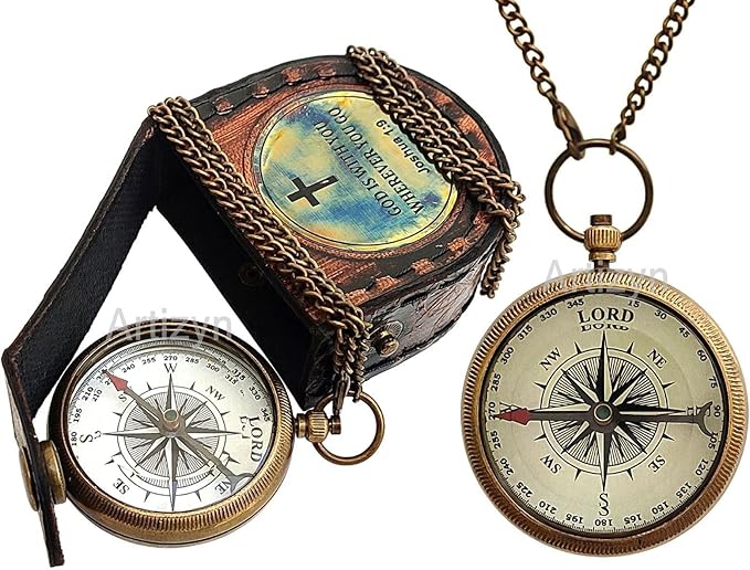 Brass Compass Engraved with Bible Scripture God is with You Wherever You Go Joshua 1:9 Religious Gift, Directional Magnetic Compass with Chain & Leather Carry Case, Baptism Gifts, Confirmation Gifts