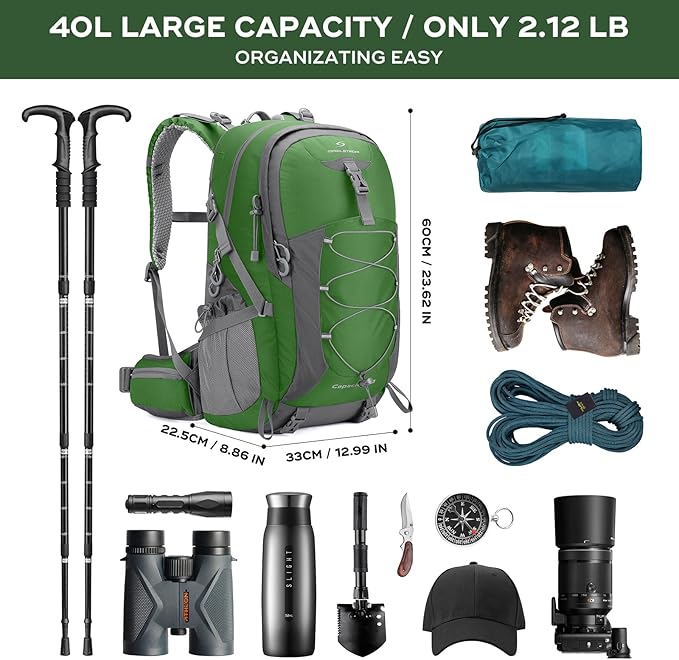 Maelstrom Hiking Backpack,Camping Backpack,40L Waterproof Hiking Daypack with Rain Cover,Lightweight Travel Backpack,Green