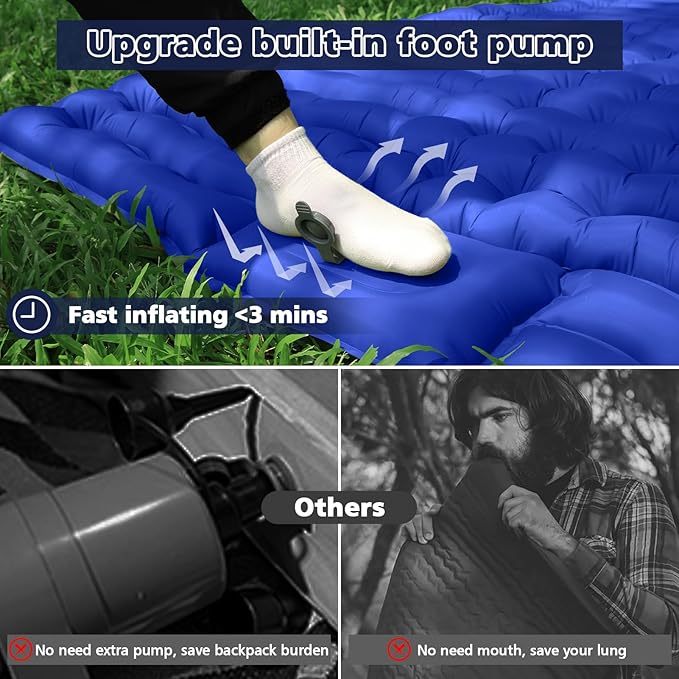 Double Camping Sleeping Pad with Built-in Foot Pump and Pillows Thick Inflatable 2 Person Portable Camping Mat for Hiking Backpacking Tent