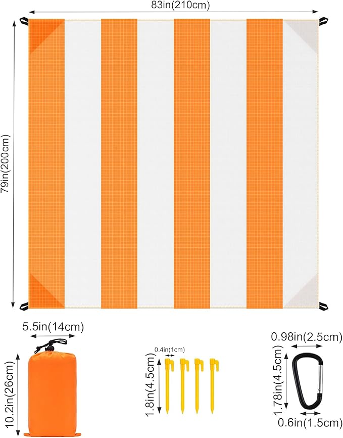 Beach Blanket Sandproof Waterproof, Large Beach Mat Lightweight Portable Quick Drying for Picnic Camping Hiking Travel Beach Accessories (1, Orangewhite, 83x79 Inches)