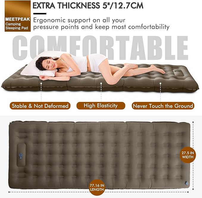 MEETPEAK Extra Thickness 5 inch Inflatable Sleeping Pad for Camping, Ultralight Compact Camping Sleeping Mat Built-in Pump, Portable Camping Air Mattress for Tent Hiking Backpacking Traveling