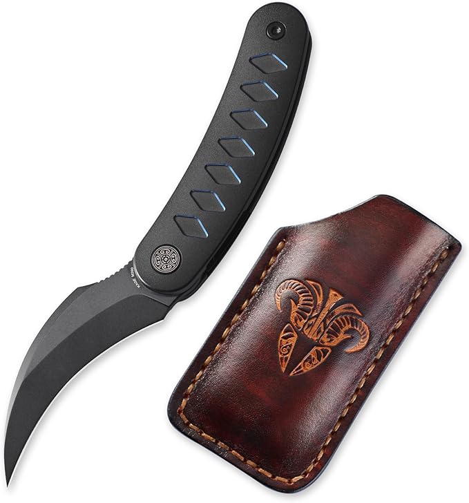 Knife Kage Front Flipper Knife,M390 Stonewashed Pikal Knife,Titanium Handle Pocket Knife Outdoor Folding Knife with Leather Sheath(Blue & Leather Sheath)