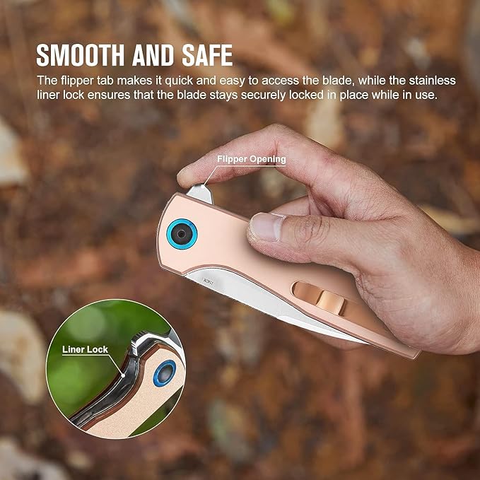 OKNIFE Freeze 2 EDC Folding Knife, Pocket Knife for Men 154CM Steel Blade Liner Lock Outdoor Knives Camping, Hiking (Copper)