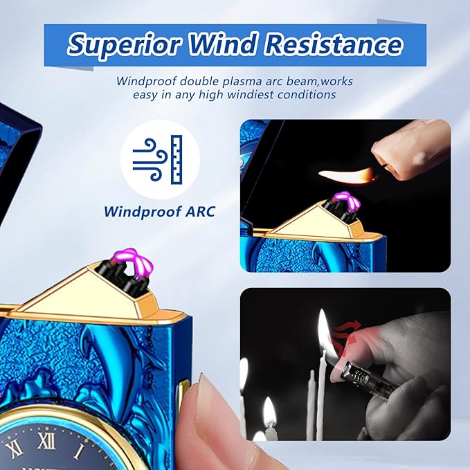 Cool lighters Windproof Lighter arc Lighter Electric lighters Rechargeable Flameless Plasma Lighter with Battery Indicator, lighters for Men (Blue)