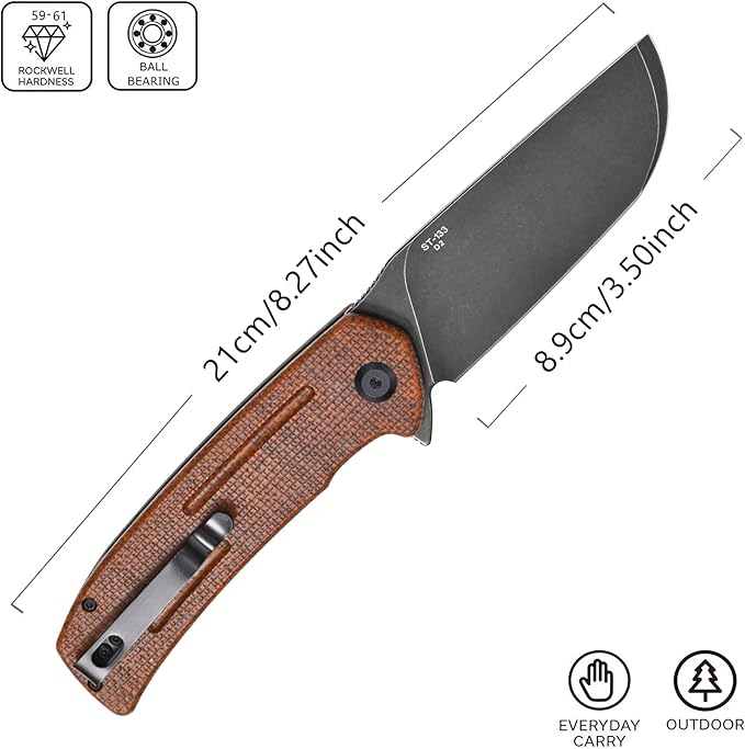 Sitivien ST133 Folding Knife,D2 Blade,Micarta Handle EDC Tool Knife for Outdoor Camping Hiking(Brown)