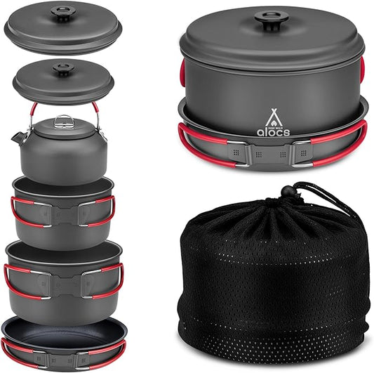 Alocs Camping Cookware Set,Durable Aluminum Camping Cooking Set, Compact Camping Pots and Pans Set with Kettle, Non-Stick Camping Pan Camping Essentials for Outdoor Cooking, Hiking, and Picnics.