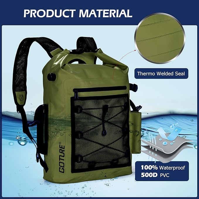 Goture Dry Bag Waterproof Backpack,20L Fishing Tackle Bag with Rod Holder,Padded Shoulder Straps and Air Exhaust Valve,500D PVC Dry Sack Bag with Phone Case for Kayaking,Boating,Fishing,Travel
