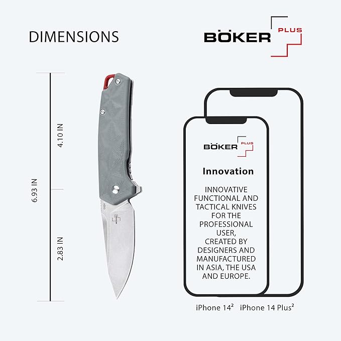 BÖKER PLUS® Gemtek Frame-Lock Knife - noble EDC pocket knife with clip - flipper knife with ball bearing - D2 drop-point folding knife with G10 handle gray with case in gift box