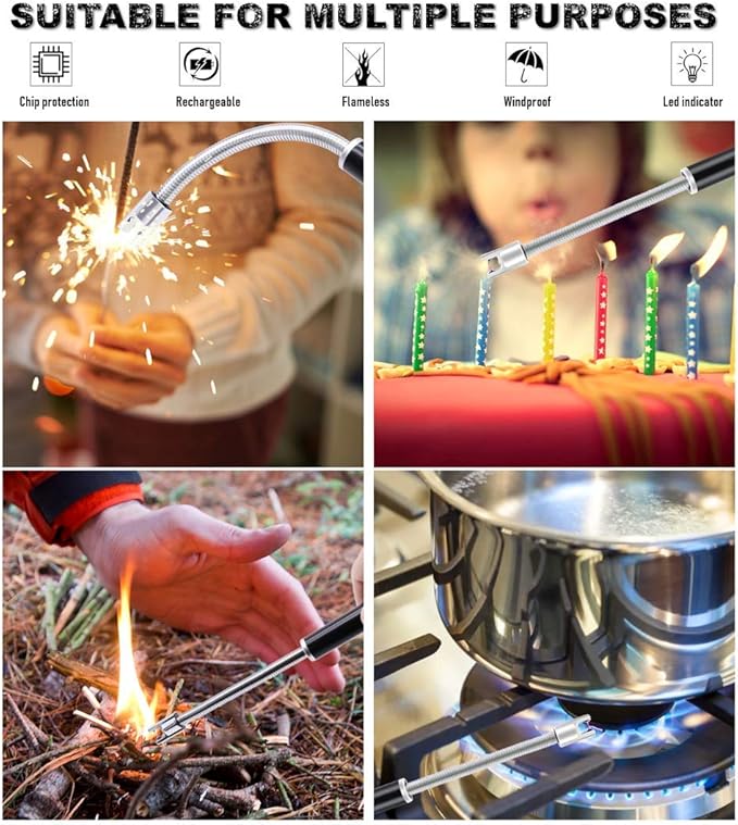 Lighter, Rechargeable Candle Lighter Grill Lighter Electric Arc Lighter with Flexible Neck, LED Battery Display Safety Switch for Candle Camping Cooking BBQs Fireworks (Pink)