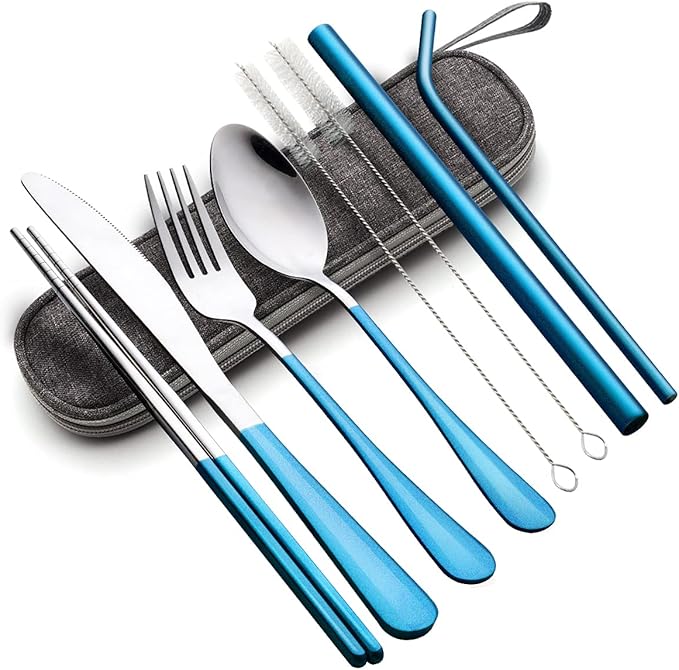 Travel Utensils with Case,Reusable Travel Cutlery Set with Case Stainless Steel Flatware Set for Camping 8pcs Including Dinner Knife Fork Spoon Chopsticks Boba Straw (Shining Blue)